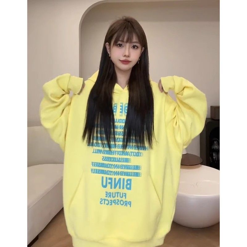 國潮美式復古字母印花連帽黃色衛衣女秋冬新款重磅純棉銀狐絨外套