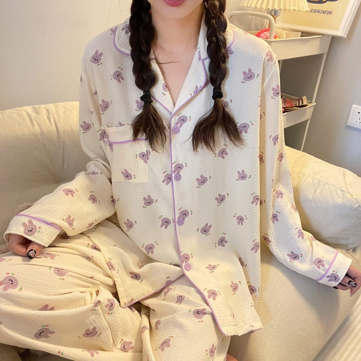 睡衣女春秋季韓版泡泡皺長袖2023年新款甜美ins風卡通家居服套裝
