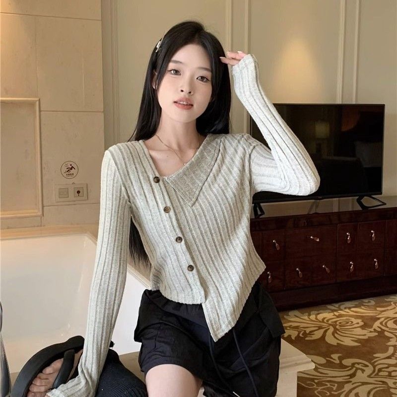 秋冬季2023新款純色軟糯坑條不規則針織衫女氣質長袖打底衫毛衣潮
