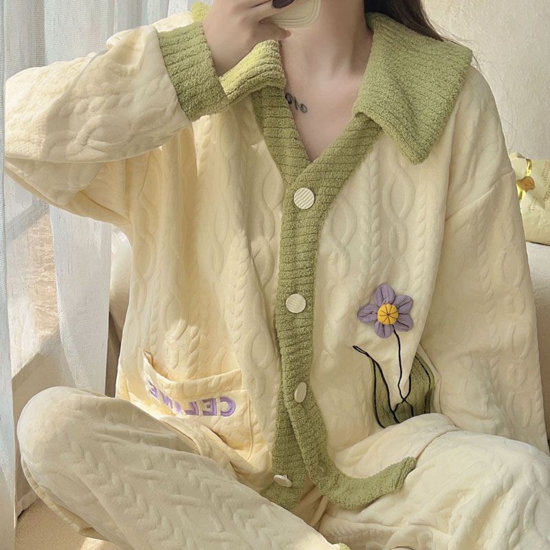 可愛花朵空氣棉睡衣女款秋冬季純棉夾層長袖開衫可外穿套裝家居服