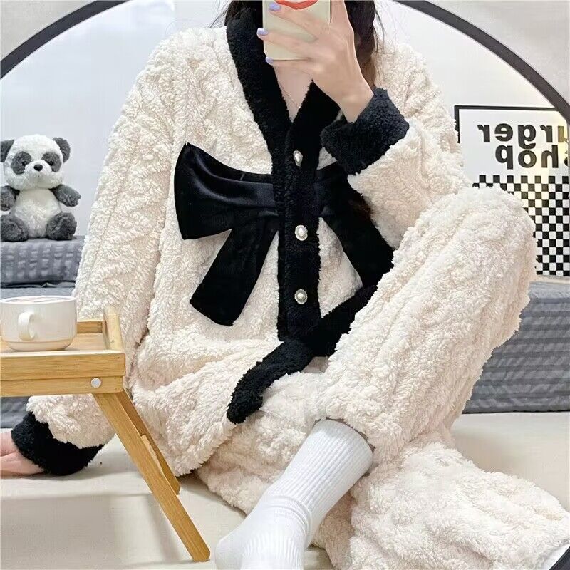 冬季睡衣女珊瑚絨水蜜桃加厚加絨家居服套裝可外穿冬天甜美宿舍