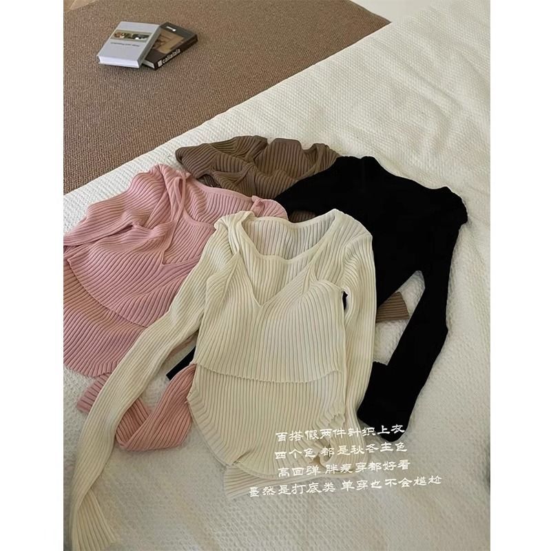 秋冬新款假兩件修身顯瘦針織打底衫女秋冬圓領休閒內搭上衣設計感