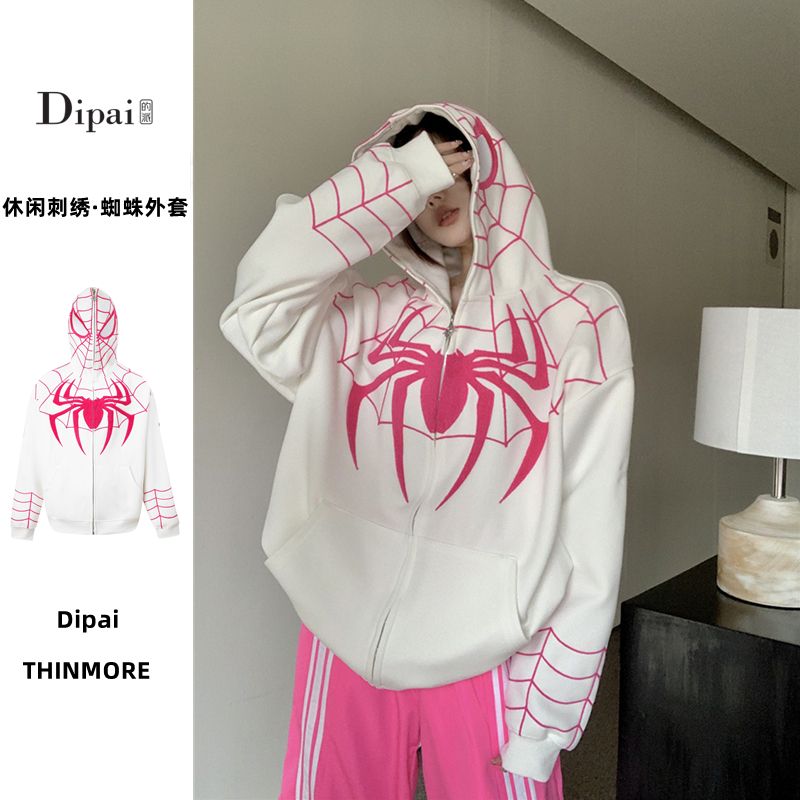 Dipai美式復古蜘蛛刺繡連帽衛衣女vintage新款炸街高級感拉鏈外套
