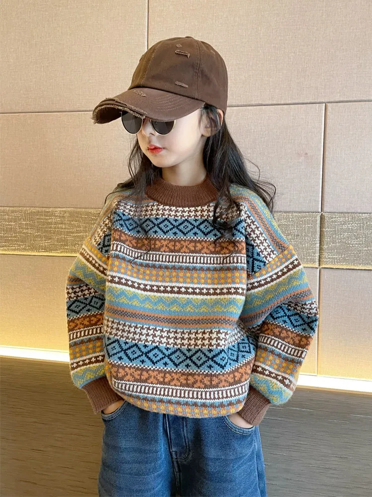 女童毛衣秋冬2023新款洋氣兒童針織衫中大童加絨加厚復古保暖上衣