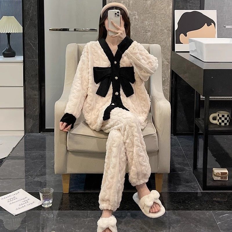 秋冬季新款甜美風睡衣女開衫加絨加厚珊瑚絨保暖家居服長套裝冬天