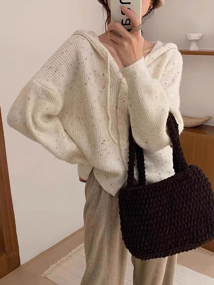 溫柔風彩點針織毛衣女寬鬆排扣開衫連帽外套百搭小個子長袖上衣衫