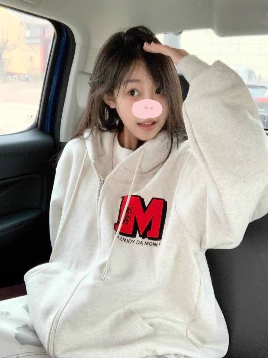 國潮美式M字母印花開衫拉鏈連帽衛衣女秋冬新款重磅純棉情侶外套