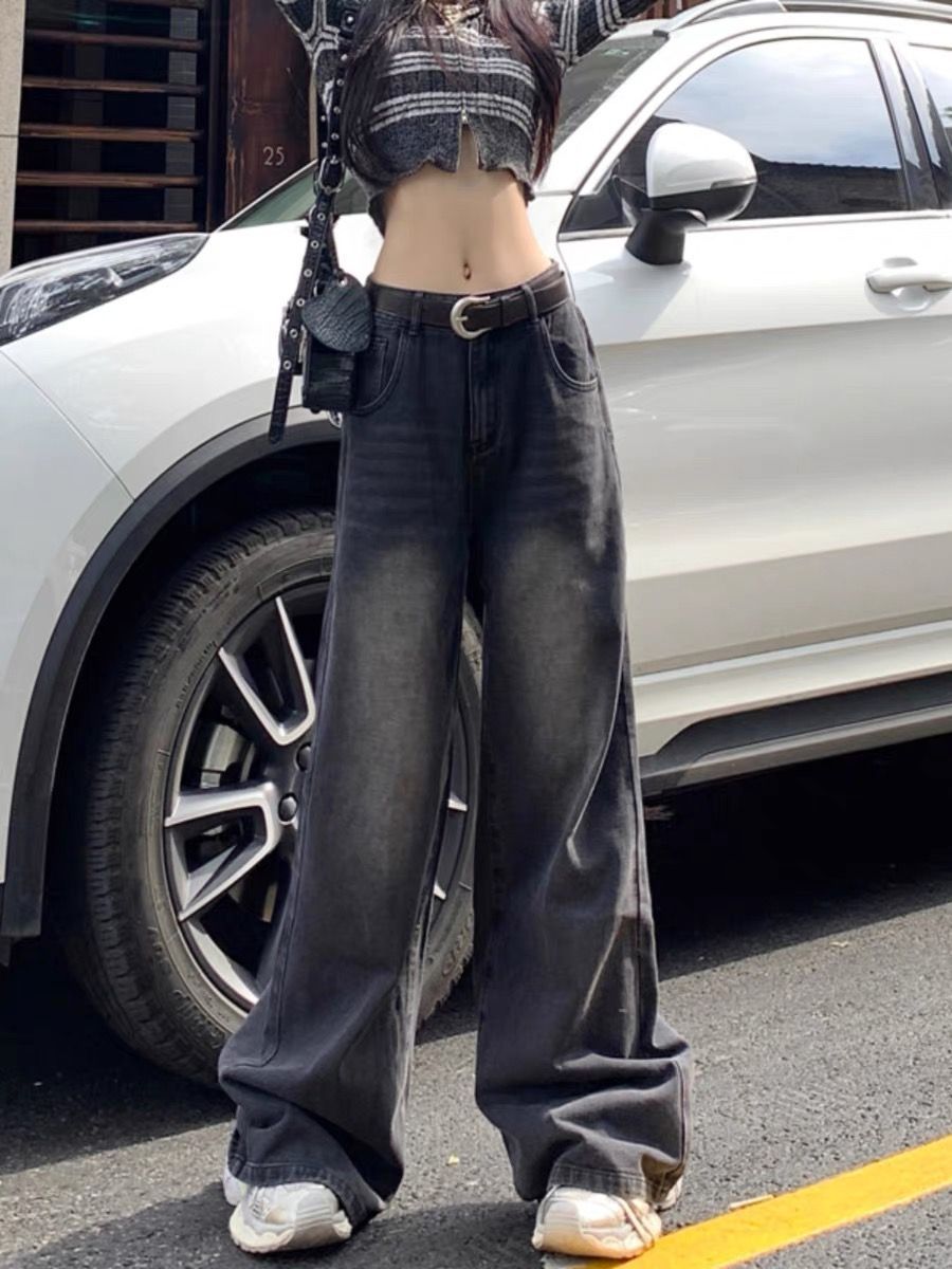 黑灰色闊腿牛仔褲女秋季2023年新款寬鬆直筒垂感高腰拖地褲子ins