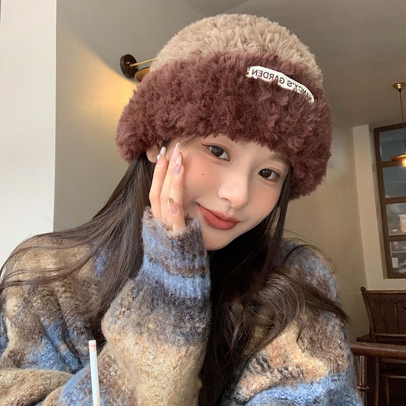 Hats for women in autumn and winter, warm and ear-protecting plush knitted toe-cap cold hats, Korean style large hats with a round face and small woolen hats trendy