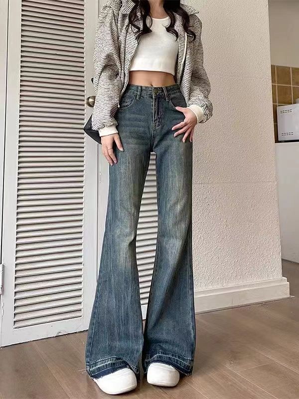 美式復古高街微喇叭牛仔褲女秋季新款設計感高腰寬鬆顯瘦闊腿褲子