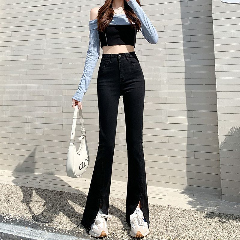 黑色開叉牛仔褲女秋季2023年春裝新款高腰緊身顯瘦拖地微喇叭褲子