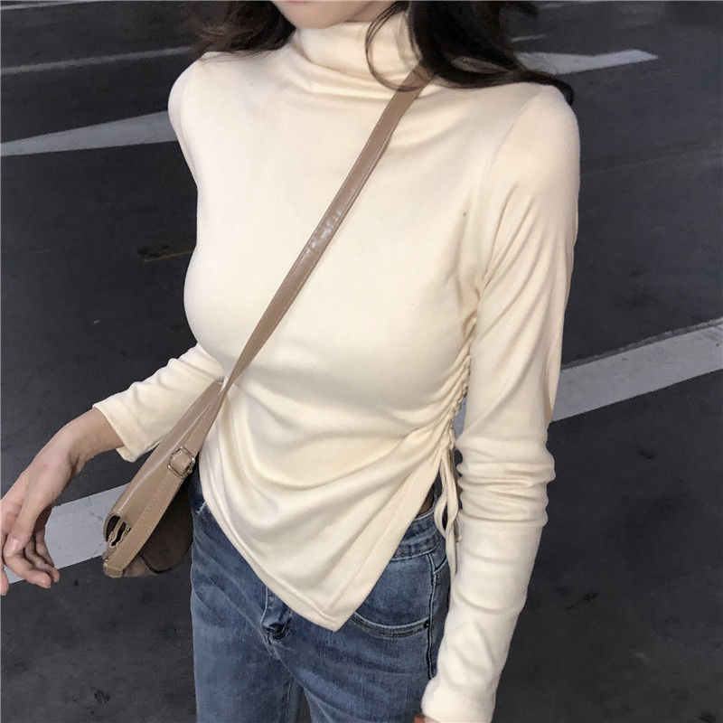 美拉德純欲風開叉上衣女內搭半高領秋冬不規則打底衫緊身收腰t恤