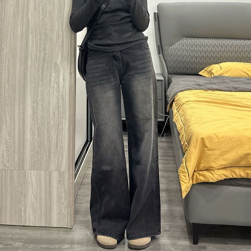 美式復古黑灰色直筒牛仔褲女秋季小個子高腰垂感顯瘦闊腿拖地長褲
