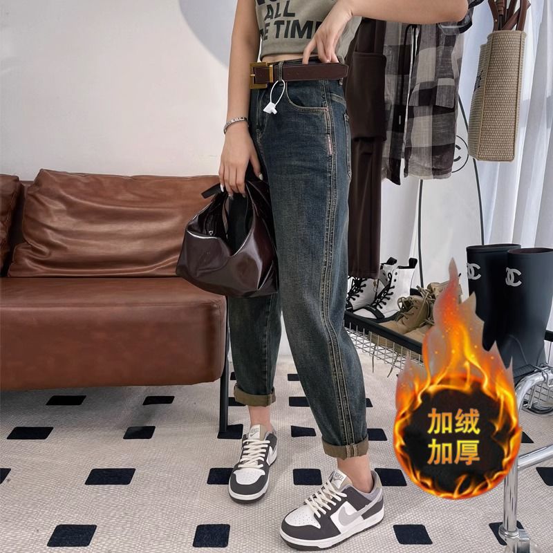 歐貨2023年秋季新款大碼復古牛仔褲女寬鬆高腰顯瘦哈倫蘿蔔褲子潮