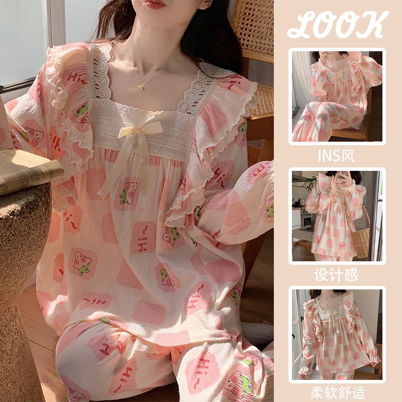 Pajamas for women spring and autumn  new pajamas dormitory sweet and cute palace style can be worn outside loose home clothes suit