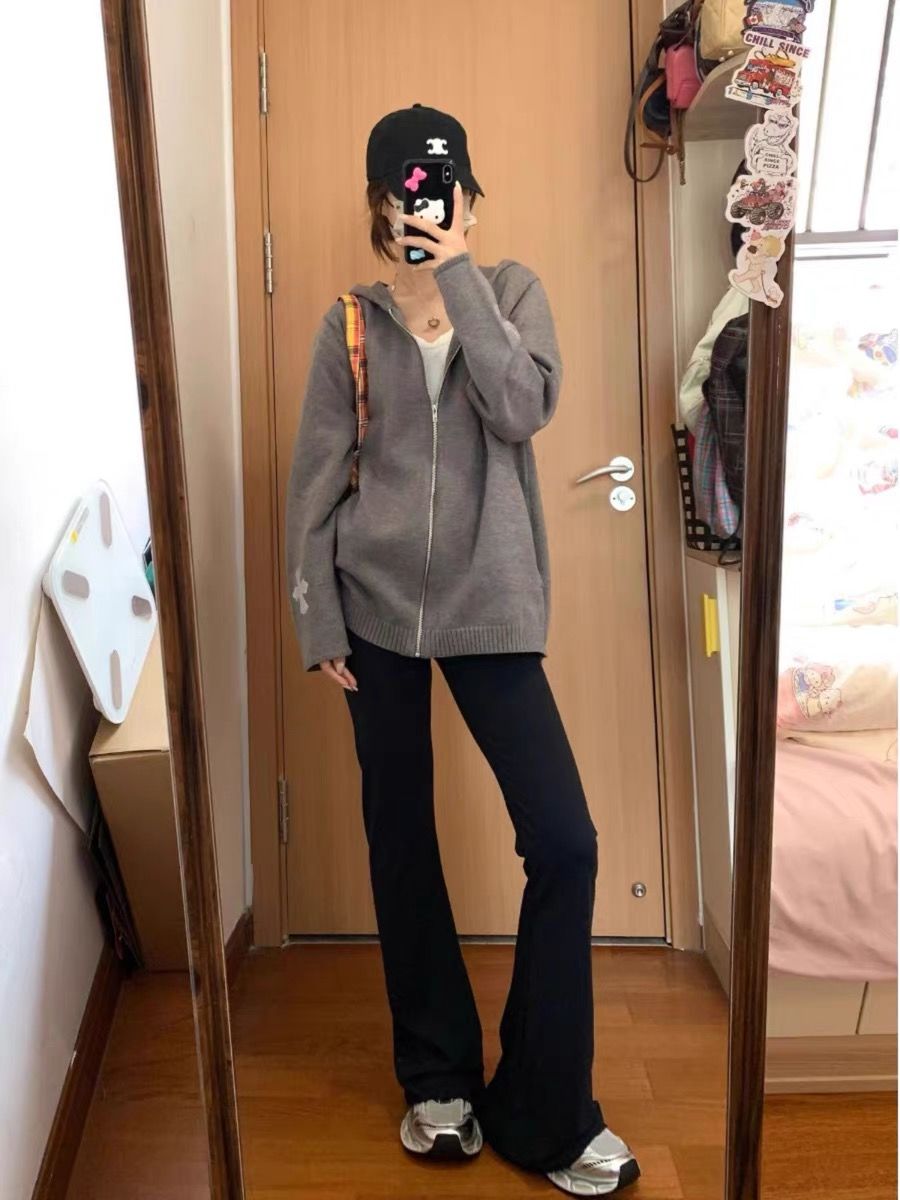高級感拉鏈毛衣外套女秋冬2023新款寬鬆慵懶風連帽針織衫開衫上衣