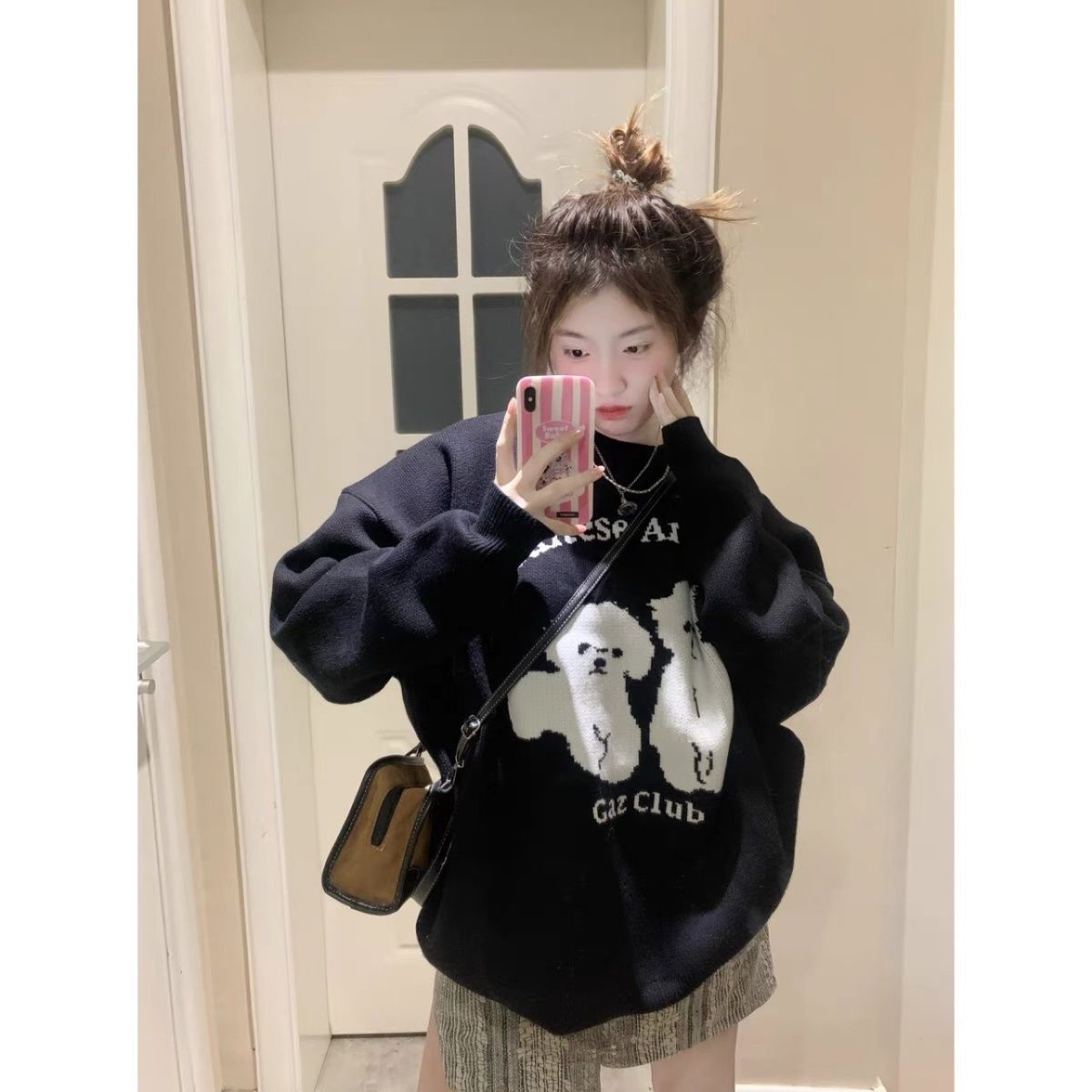 XJ家卡通小狗毛衣冬季新款寬鬆慵懶風日系軟糯套頭針織衫打底上衣