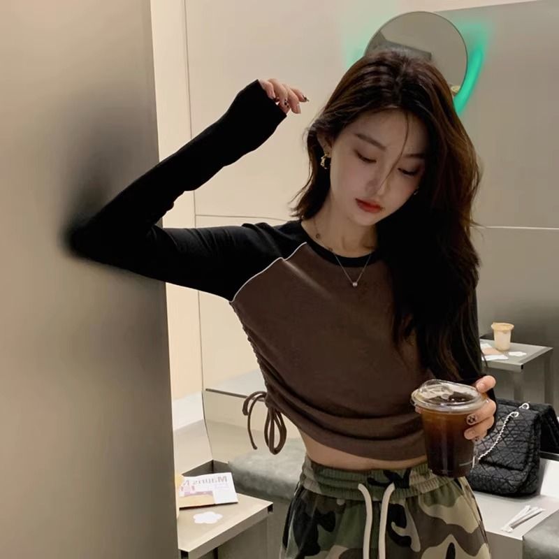 美式復古拼色抽繩長袖毛衣女辣妹爵士舞jazz短款打底顯瘦秋冬新款
