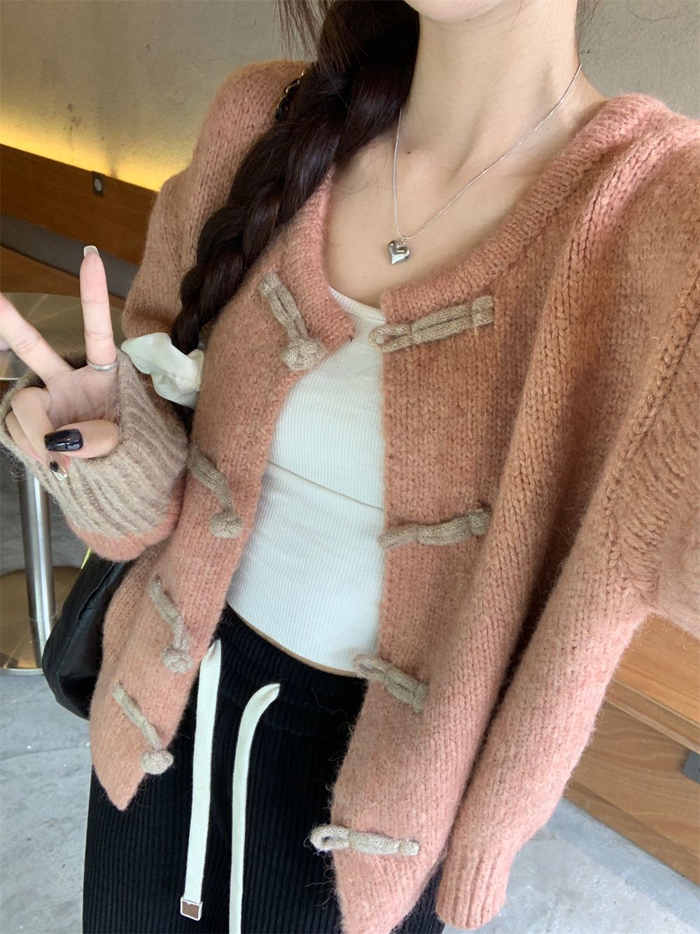 Sweater Women's  Autumn and Winter New Heavy Industry Button Round Neck Contrast Color Lazy Style Loose Slim Long Sleeve Knitted Cardigan