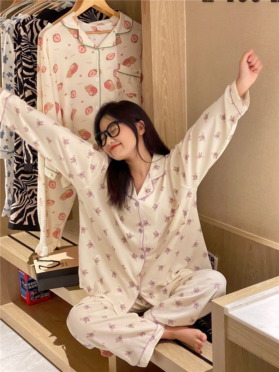 睡衣女士春秋季2023年新款泡泡皺學生甜美長袖長褲寬鬆家居服套裝