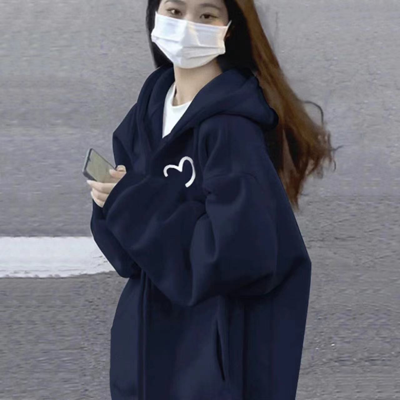 連帽衛衣外套女2023春秋季新款垂墜感慵懶風chic加絨加厚拉鏈開衫