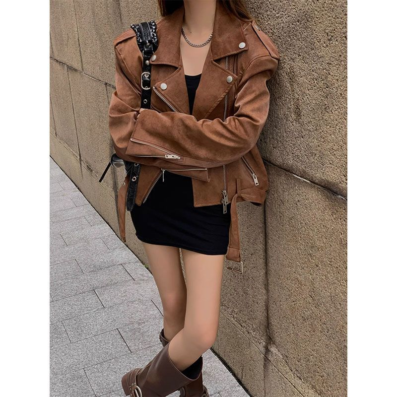 Maillard jacket short PU leather jacket spring and autumn new small brown American motorcycle loose top