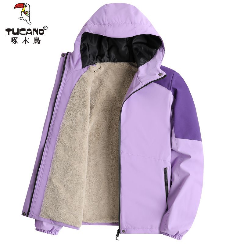 啄木鳥衝鋒衣外套女加絨加厚款防風防水連帽寬鬆休閒戶外大碼上衣