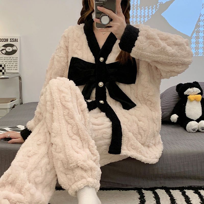 甜美可愛珊瑚絨冬季睡衣女兩件套裝加厚法蘭絨秋冬加絨家居服外穿