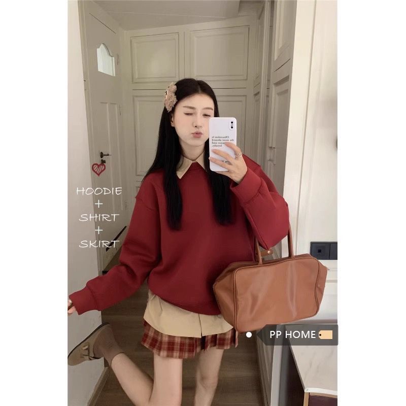 PPHOME甜萌乖妹~紅色圓領休閒衛衣長袖襯衫格子短裙甜美風三件套