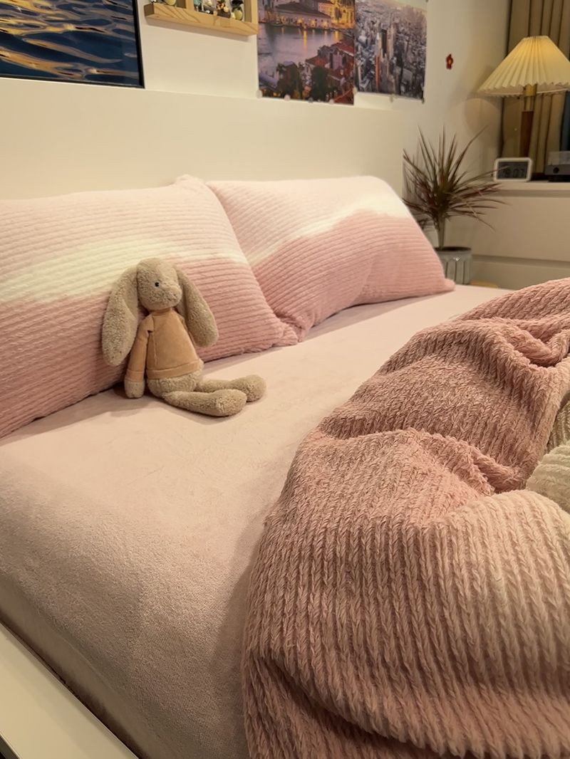 冬季加厚粉色渐变兔毛绒四件套保暖双面被套床单珊瑚牛奶绒三件套