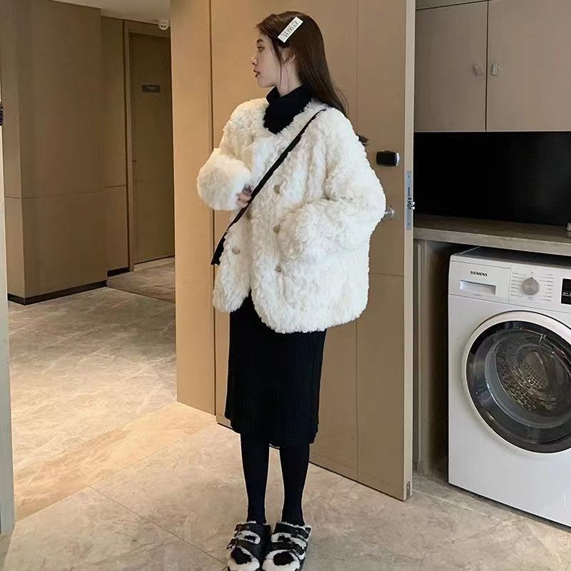 小香風羊羔毛外套女2023冬季新款小個子寬鬆加厚白色毛毛上衣棉服