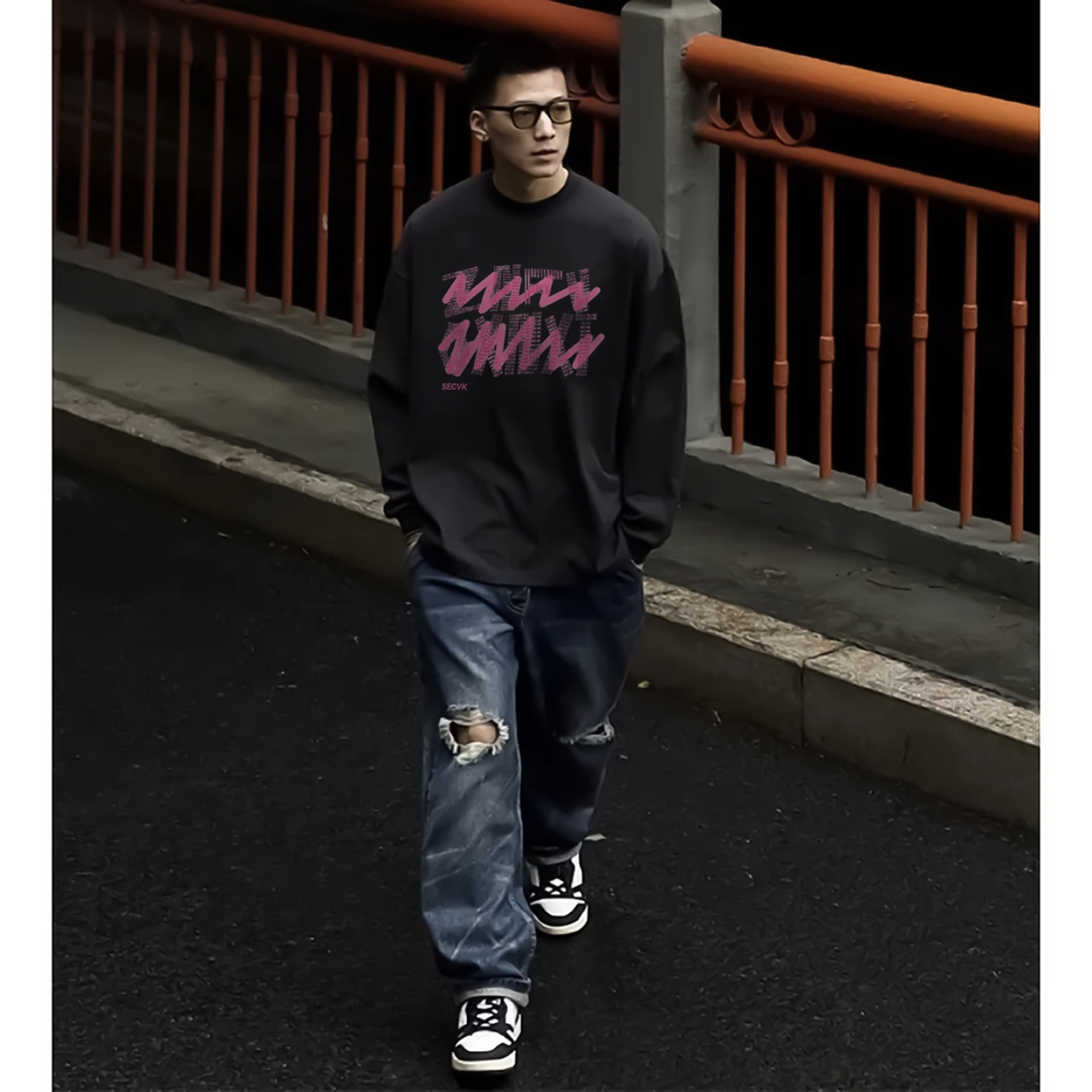 秋季街頭hiphop嘻哈純棉長袖T恤男潮牌百搭寬鬆重磅圓領痞帥上衣