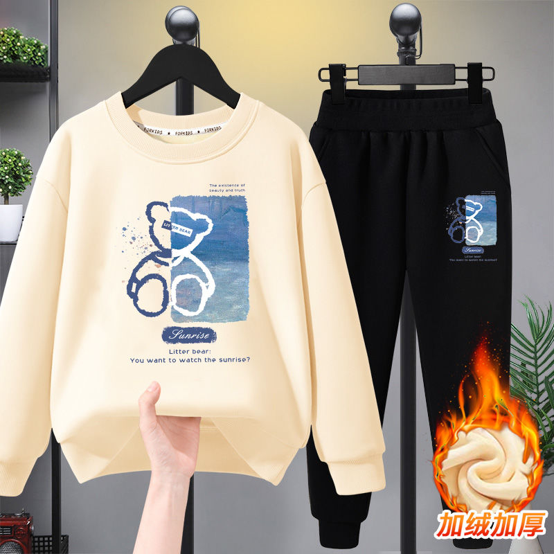 Boys' velvet sweatshirt and trousers suit 2023 autumn and winter new style handsome warm trendy clothes medium and large children's winter clothes two-piece set