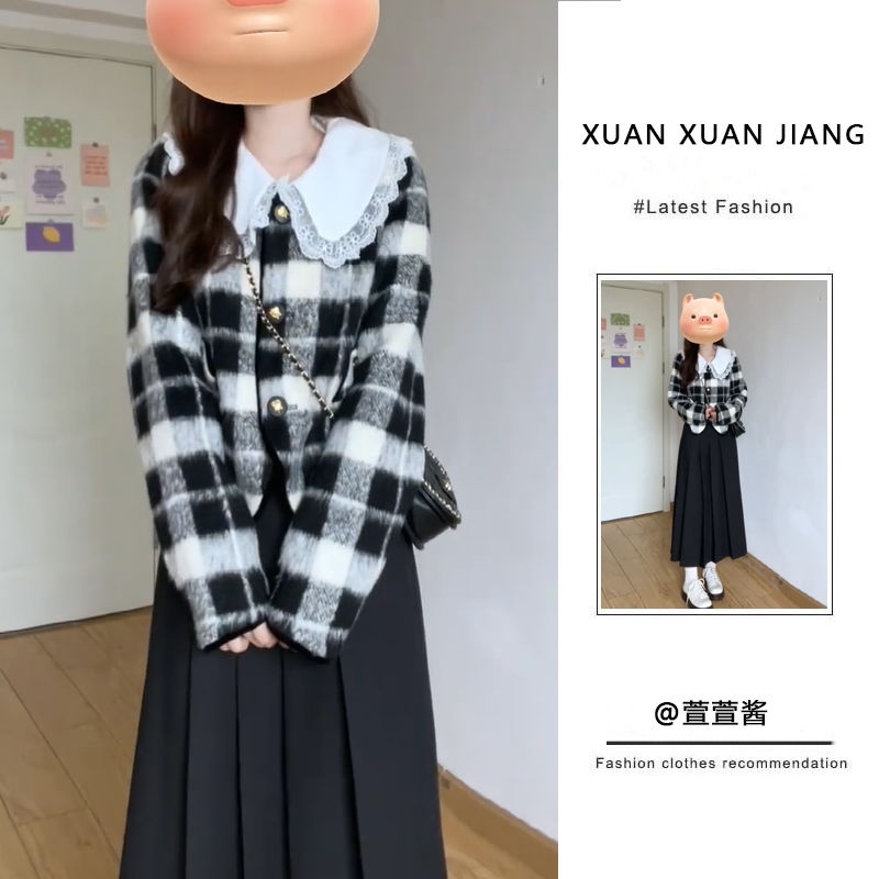 套裝女2023秋冬新款甜辣風拼接娃娃領格子毛呢外套高腰顯瘦半身裙
