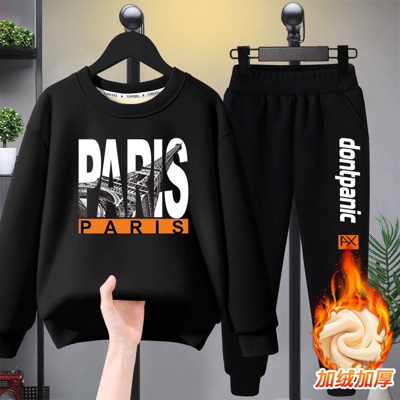 Boys' fleece sweatshirt suit autumn and winter 2023 new style medium and large boys' trendy and handsome thickened winter two-piece set