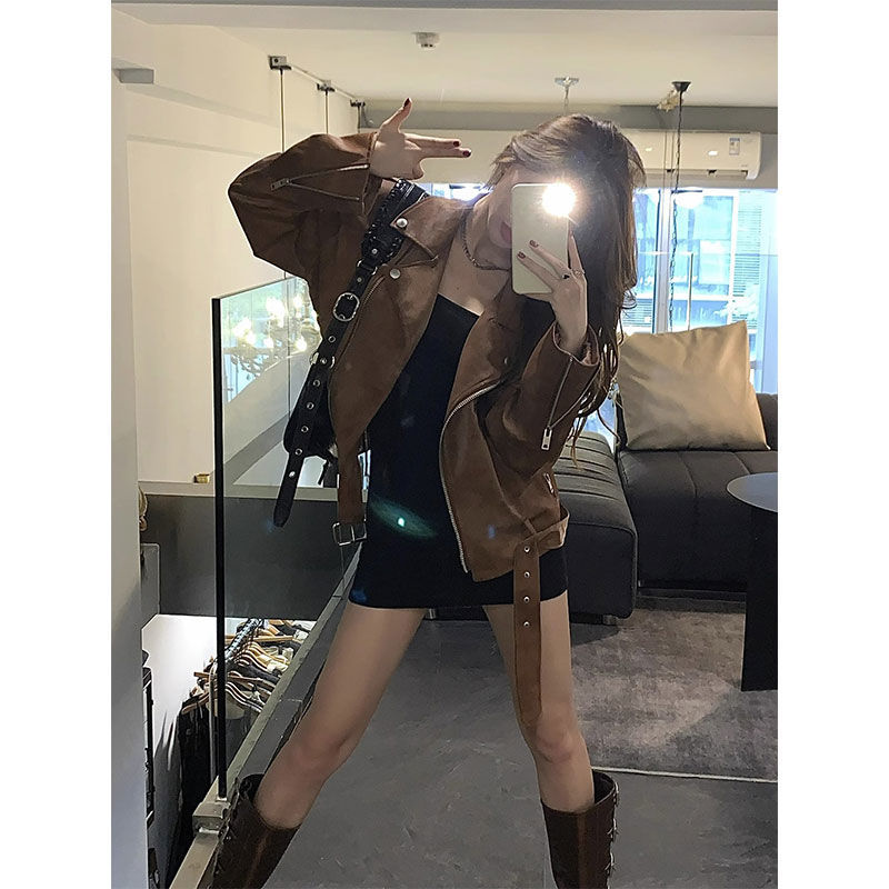 Maillard jacket short PU leather jacket spring and autumn new small brown American motorcycle loose top