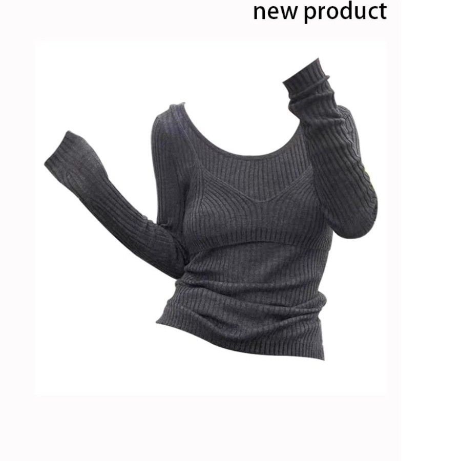  Autumn and Winter New Slim Fit Hot Girl Sweater Women's Fashion Back Strap Fake Two-Piece Knitted T-Shirt Women Maillard