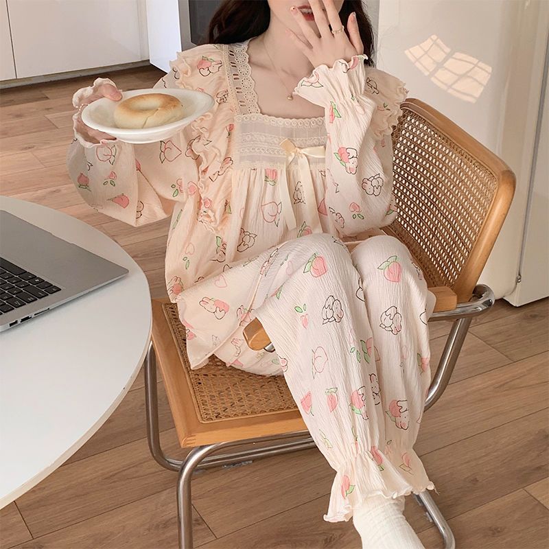 Pajamas for women spring and autumn  new pajamas dormitory sweet and cute palace style can be worn outside loose home clothes suit