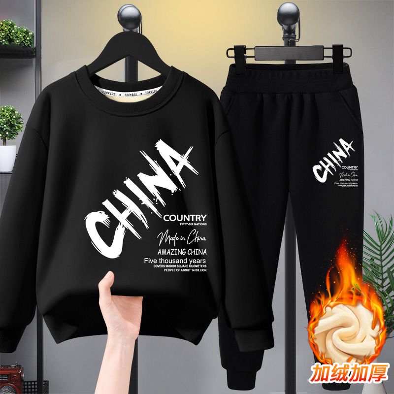 Boys' velvet thickened sweatshirt and trousers set 2023 new children's clothing warm tops, medium and large children's winter clothing two-piece set
