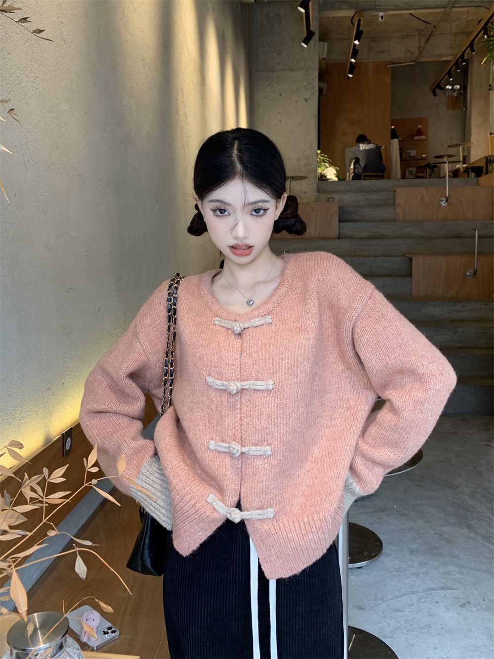 Sweater Women's  Autumn and Winter New Heavy Industry Button Round Neck Contrast Color Lazy Style Loose Slim Long Sleeve Knitted Cardigan