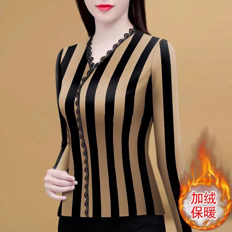 2023蕾絲德絨打底衫女裝秋冬季新款洋氣印花v領t恤修身內搭上衣