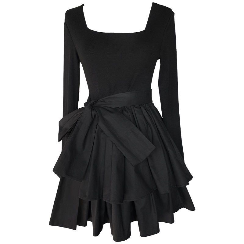 Maillard  new autumn square temperament black dress niche strappy bow high-end tutu skirt