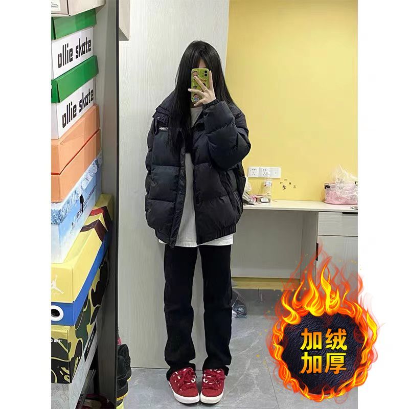 黑色直筒牛仔褲女秋冬季新款高街ins高腰顯瘦加絨加厚休閒長褲子