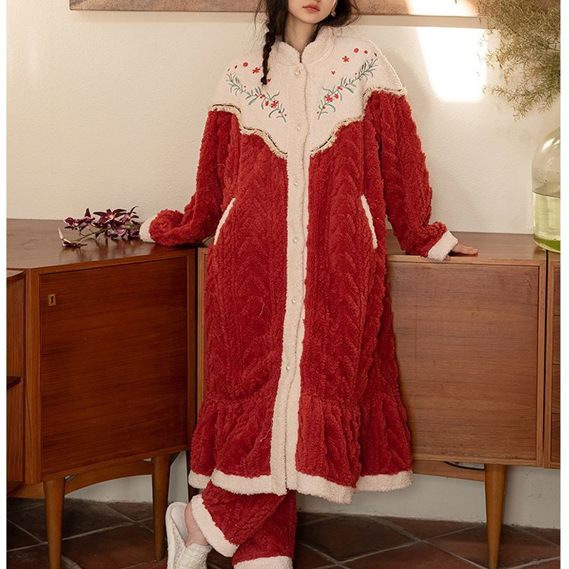 冬季睡袍女加厚法兰绒新中式睡衣中国风甜美长裤保暖家居服套装