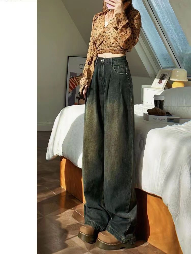 美式復古直筒牛仔褲女秋冬季新款韓系百搭高腰顯瘦拖地褲長褲子潮