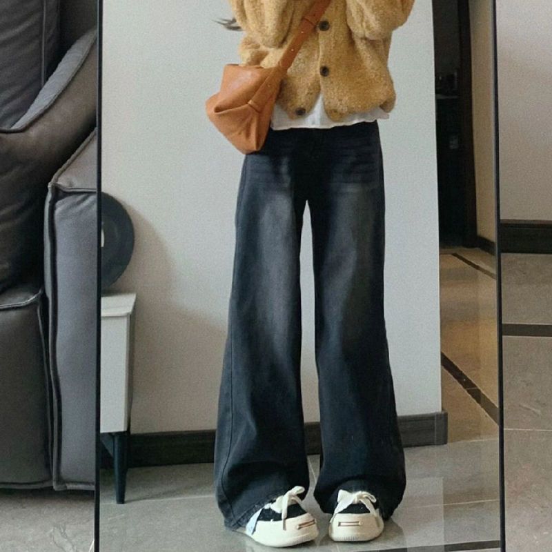 復古做舊高腰直筒牛仔褲女秋季新款寬鬆顯瘦垂感拖地闊腿長褲潮