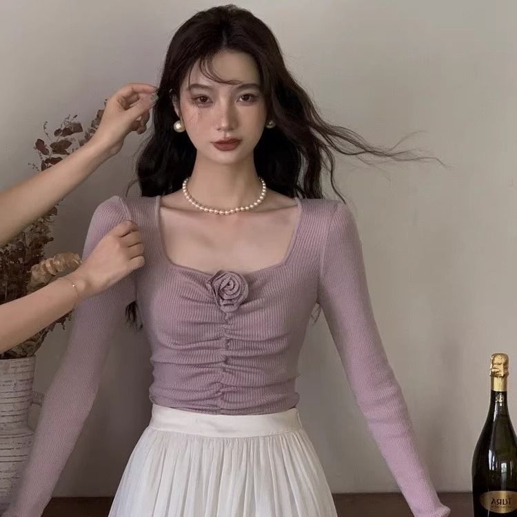 方領修身紫色針織衫女秋冬款氣質名媛風甜美百搭長袖上衣短款毛衣