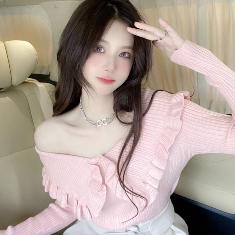 美拉德百搭蝴蝶針織衫顯瘦氣質高級純色打底衫2023秋冬新款娃娃領