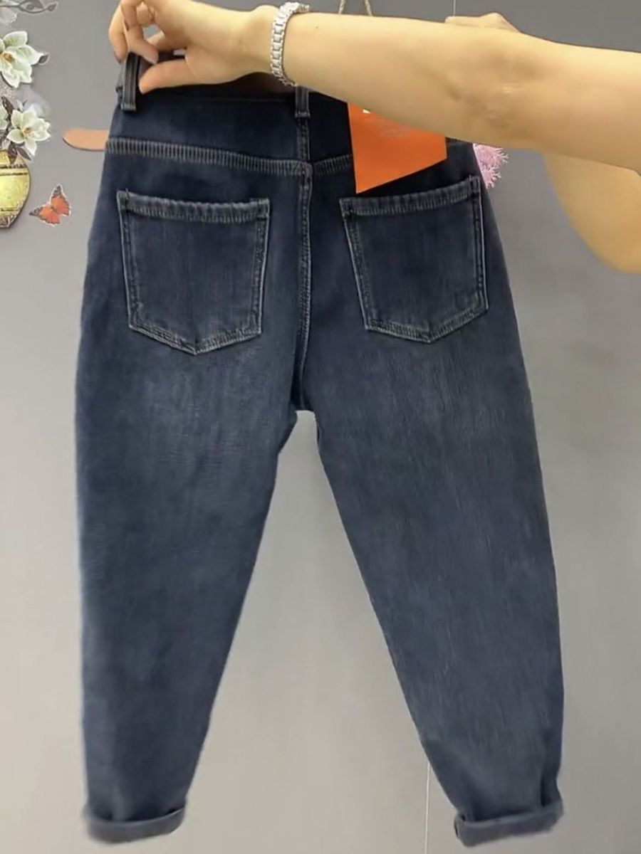 Small pear-shaped figure high-waisted straight jeans for women autumn and winter large size elastic slimming nine-point pants harem pants