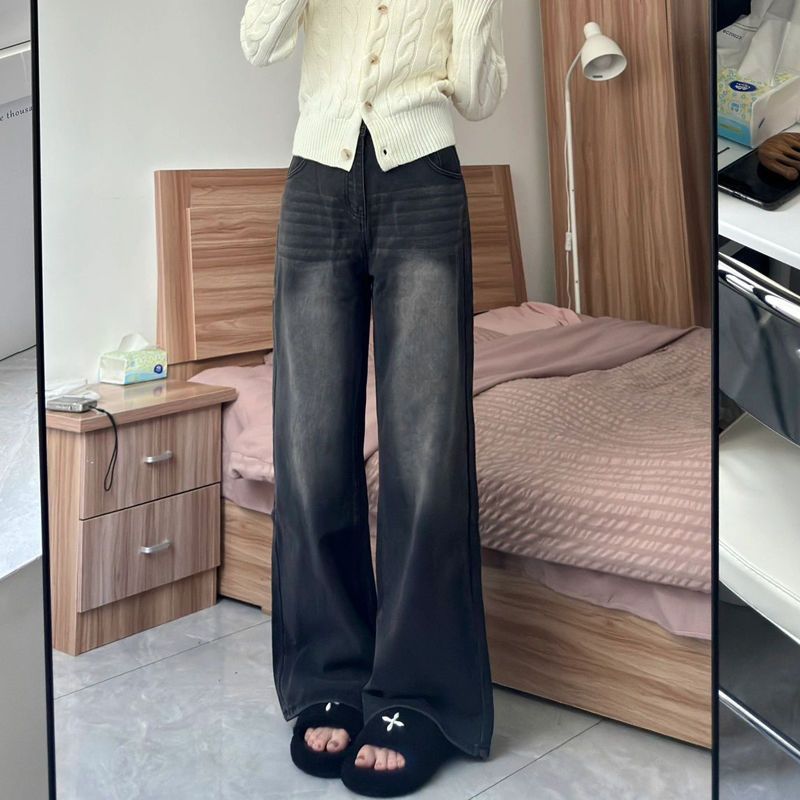 秋季款美式復古黑灰色直筒牛仔褲女秋季高腰闊腿褲寬鬆拖地長褲潮